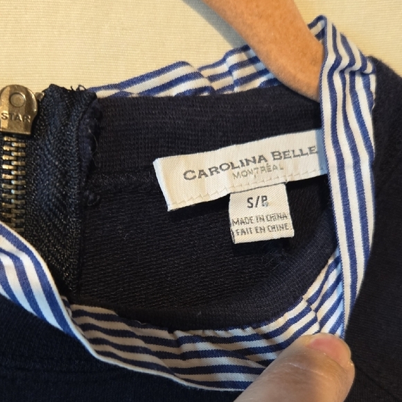 Carolina Belle Navy Top with Blue Striped Ruffled Sleeve And Collar Womens Small - Picture 2 of 9